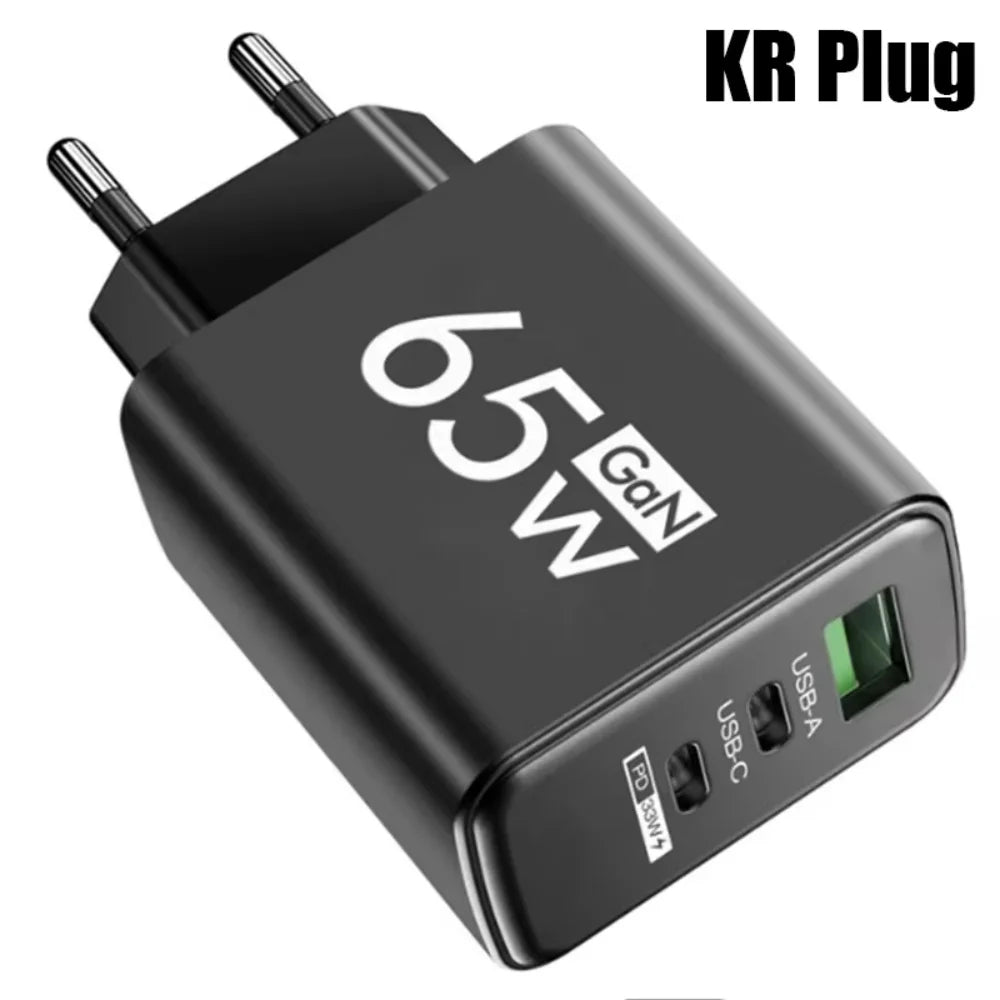 65W Gan USB C Fast Charger 3In1 Multi Ports Quick Charge 3.0 Wall Adapter EU US KR Plug Travel Charger for Iphone Samsung Xiaomi