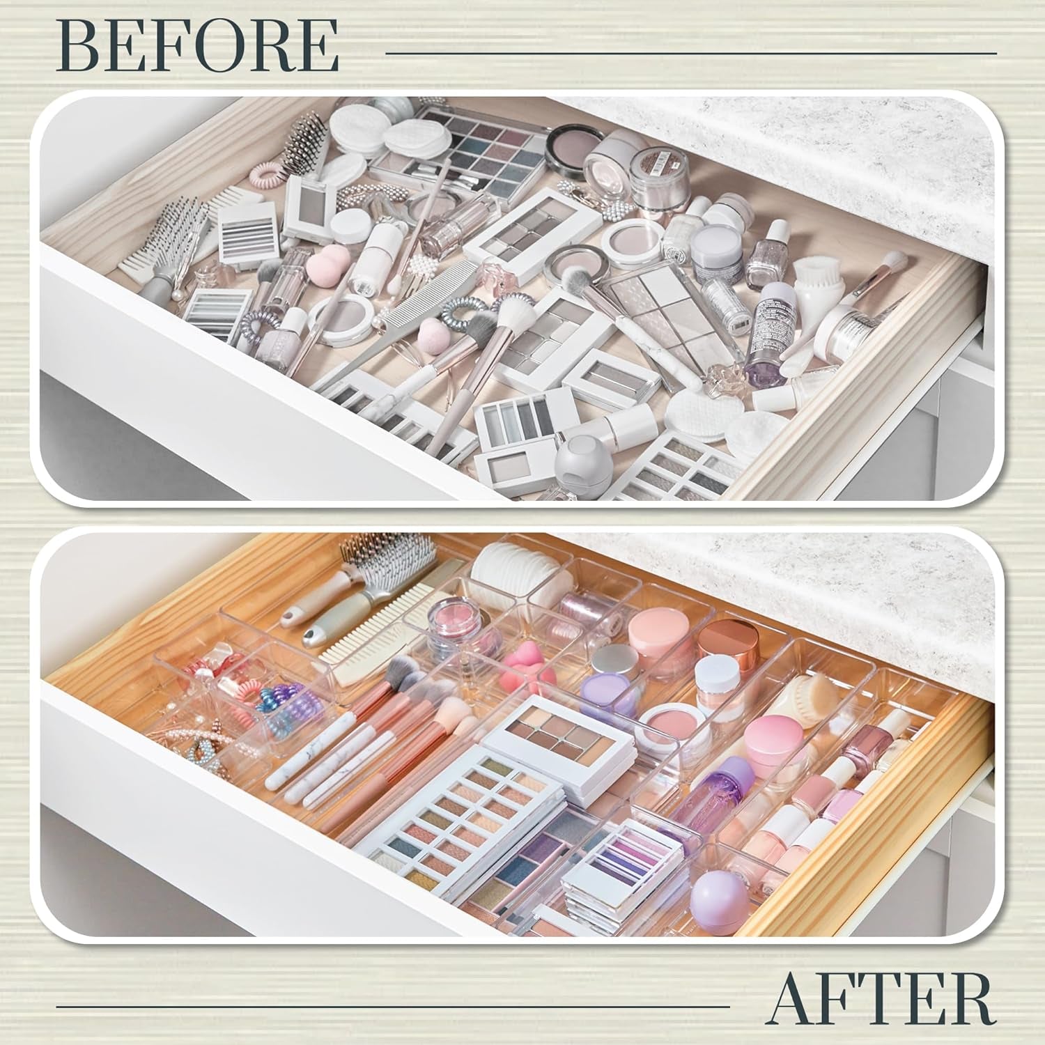 Simplesort 18-Piece Stackable Clear Drawer Organizer Set | Multi-Size Trays | Makeup Vanity Storage Bins and Office Desk Drawer Dividers | Made in USA